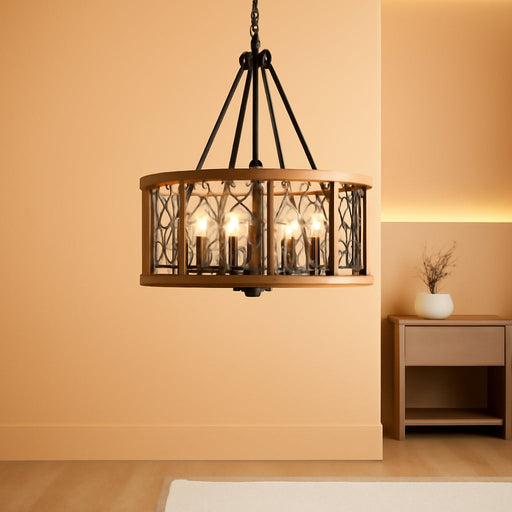 Modern Farmhouse Chandelier, Rustic 4-Light Dining Room Chandelier Light Fixture Kitchen Island Light, Adjustable Hanging Light for Bedroom Entryway Foyer Living Room, Grey Wood