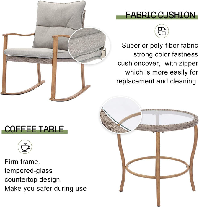 3-Piece Outdoor Rocking Chairs Bistro Set Wicker Patio Furniture Set Wood Arm Rest Patio Rockes Set W Warm Gray Cushions, Front Porch Rocking Chairs with Glass Coffee Table for Balcony,Garden