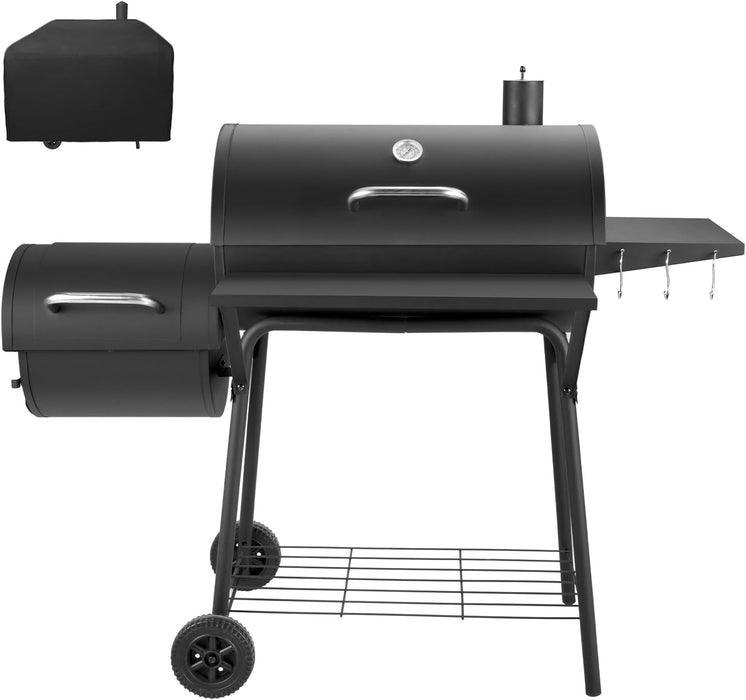 Barrel Charcoal Grill with Offset Smoker, 714 Square Inches Cooking Area, Outdoor BBQ Grill with Front and Side Shelf, Perfect for Backyard, Patio Parties and Picnics