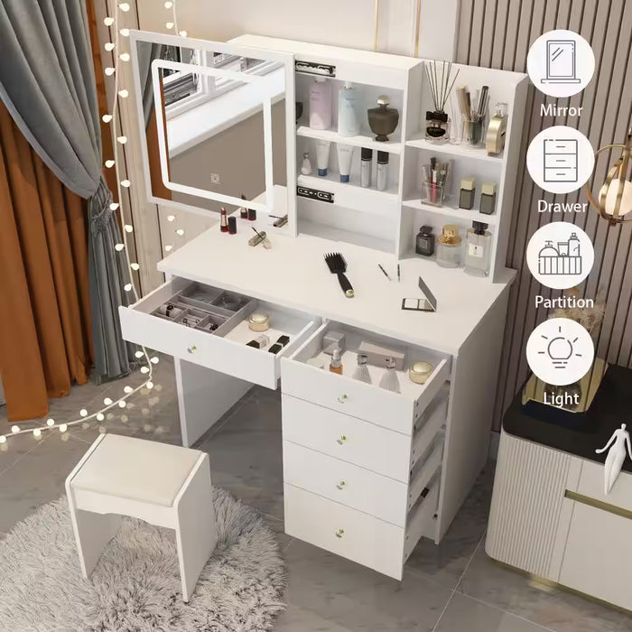 5-Drawers White Wood Makeup Vanity Sets Dressing Table Sets with LED Push-Pull Mirror, Stool and Storage Shelves