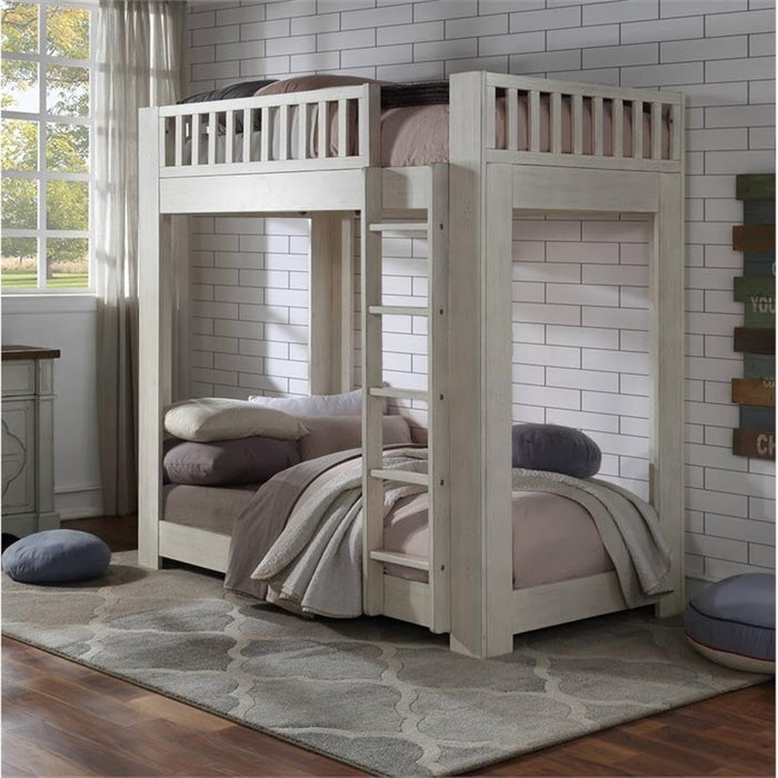 Cedro Twin over Twin Bunk Bed with Wood Ladder in Weathered White