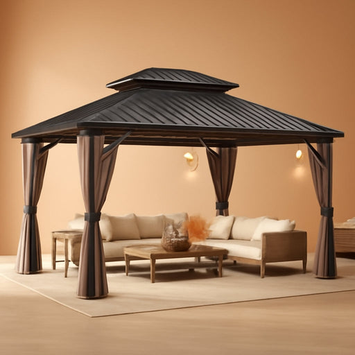 12' X 14' Wood Gazebo, Outdoor Hardtop Gazebo with Wood Posts and Galvanized Steel Doule Roof, Wooden Frame Gazebos with Netting and Curtains for Patio, Backyard, Deck Garden