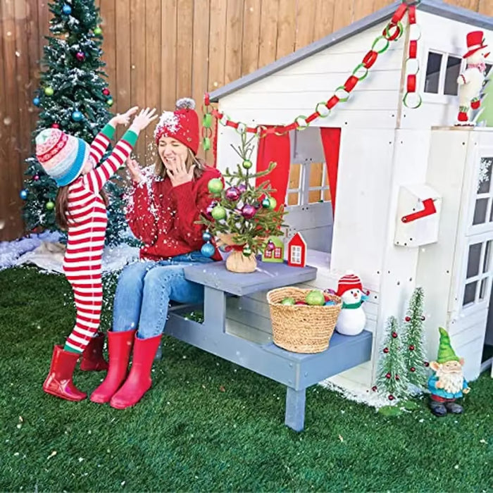 Outdoor Wooden Playhouse with Picnic Table Mailbox Grill White UV Treated Homey Touches BBQ Grill Picnic Table Indoor Sink Easy