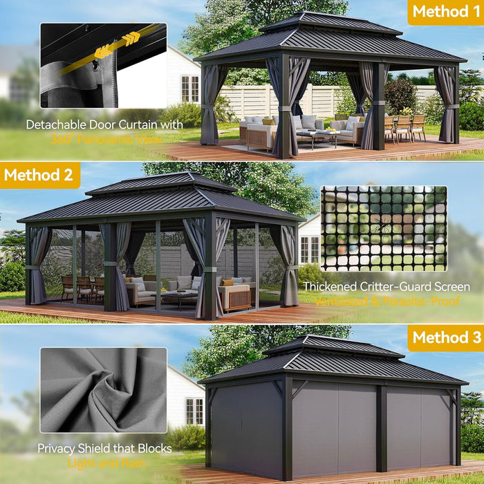 18X12Ft Aluminum Gazebo Hardtop Double Roof Canopy Outdoor Gazebo Galvanized Roof with Netting and Curtain Garden Tent for Patio, Backyard and Deck