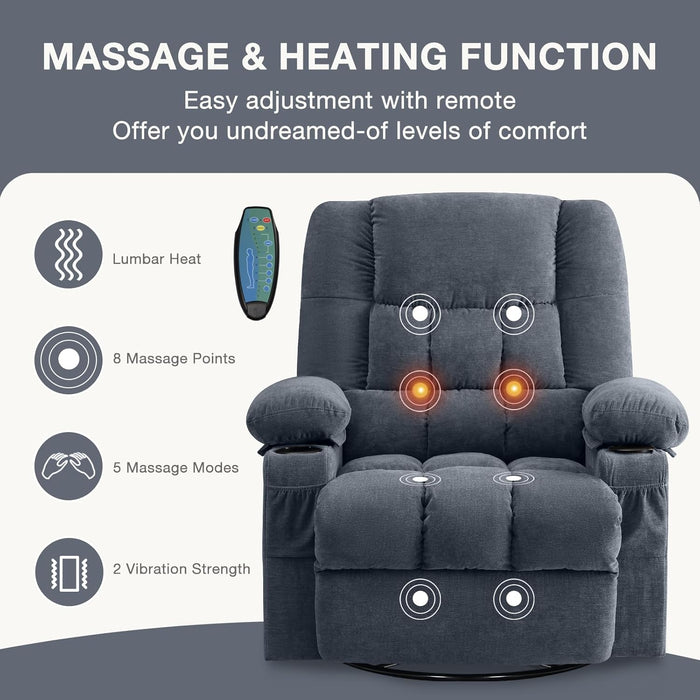 Massage Swivel Rocker Recliner Chair with Vibration Massage and Heat Ergonomic Lounge Chair for Living Room with Rocking Function and Side Pocket, 2 Cup Holders, USB Charge Port