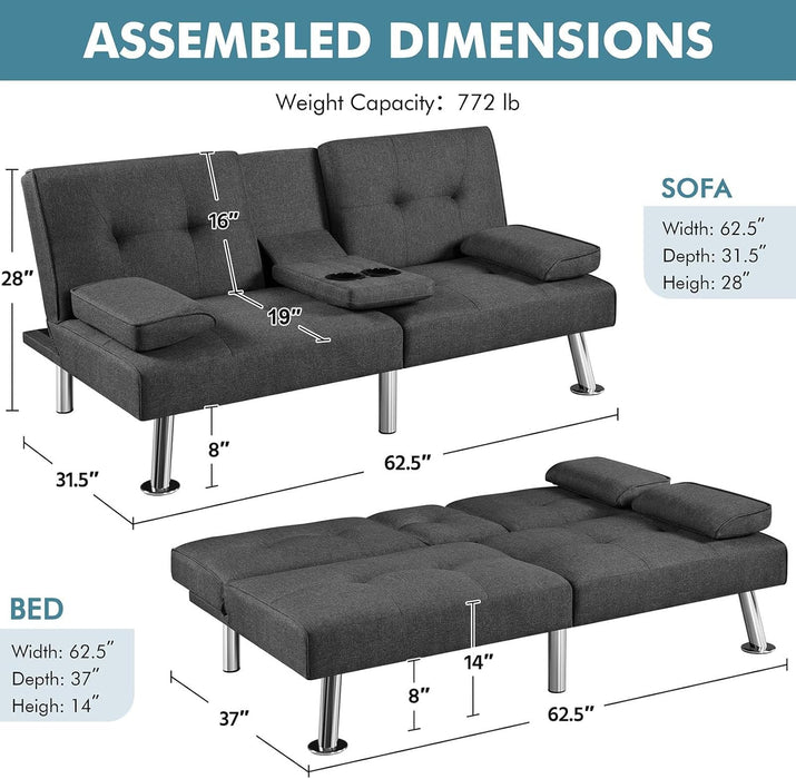 Convertible Sofa Bed Adjustable Fabric Couch Sleeper Modern Recliner Reversible Loveseat Folding Daybed Guest Bed, Removable Armrests, Cup Holders, 3 Angles, 772Lb Capacity, Dark Gray