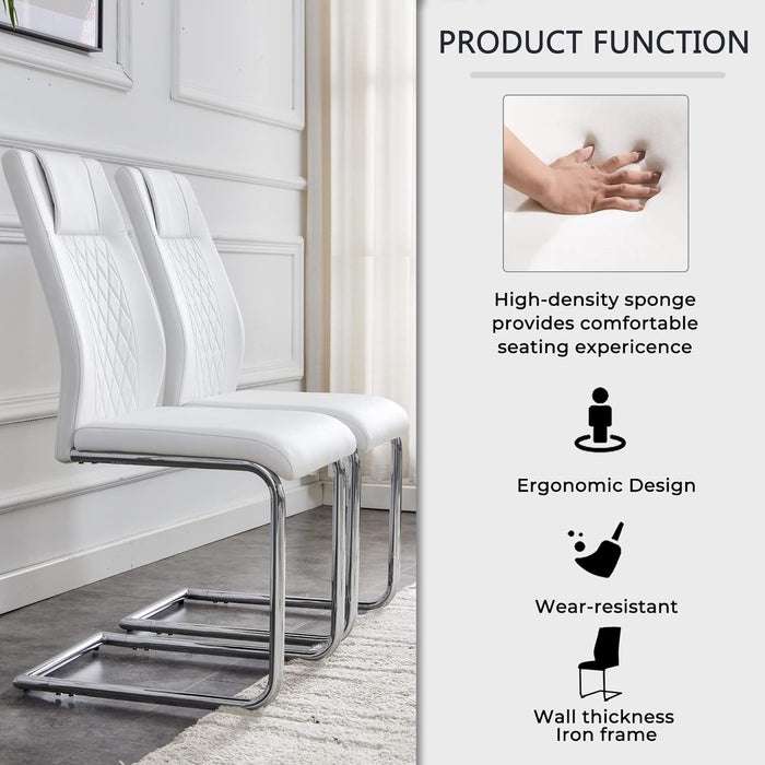 Dining Chairs Set of 4, White Faux Leather with Plated Chrome Metal Frame, Modern Kitchen Chairs with Padded Seat High Back for Dining, Kitchen, Living Room