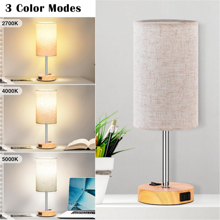 Table Lamp for Bedroom Set of 2, Bedside Small Lamps with 3 Way Dimmable Rocker Switch & AC Outlet, Nightstand Desk Lamp with Flaxen Fabric Shade Woodgrain Base for Living Room Home Decor Lights
