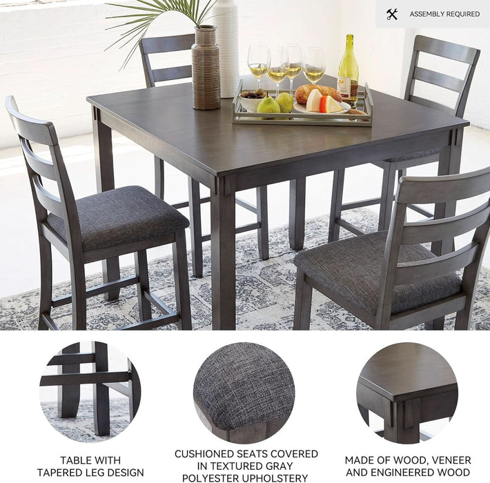 Bridson 5 Piece Dining Room Set, Includes Table & 4 Ladderback Barstools, Wood, Gray