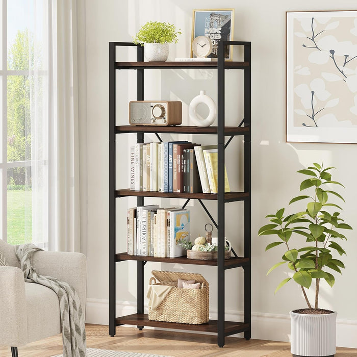 5 Tier Industrial Bookshelf Dark Walnut WoodFinish