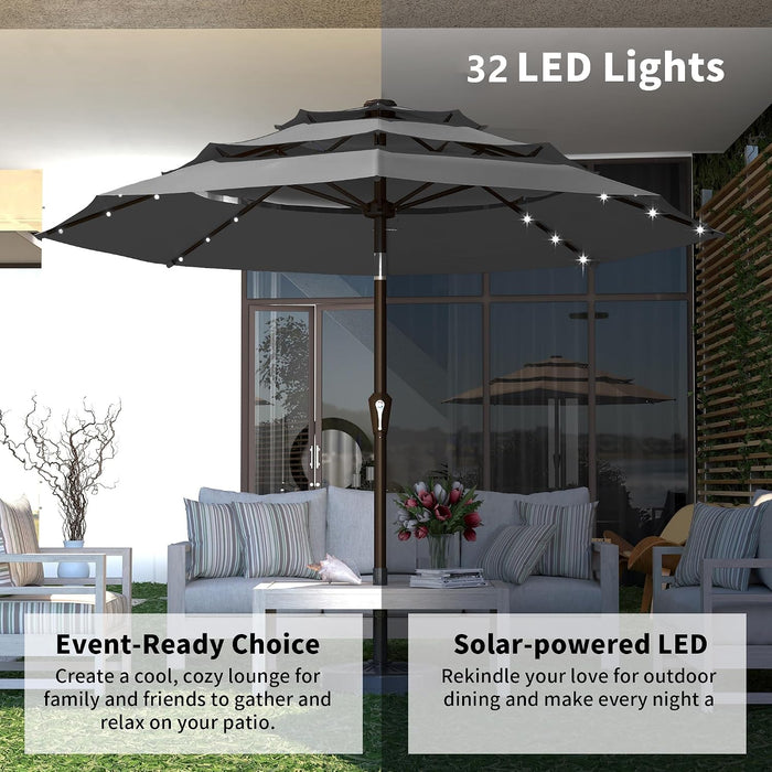 10Ft 3-Tier Patio Umbrella with Solar Lights, Table Umbrella Outdoor Patio with Easy Crank & Tilt, 8 Sturdy Ribs, UV Protection, 32 LED Lights for Deck, Poolside, Market (Grey)