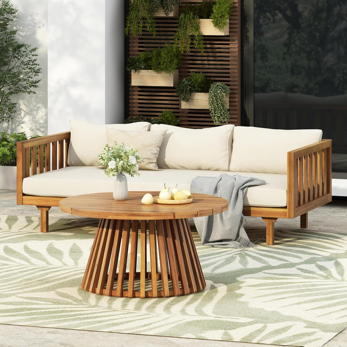 Outdoor Acacia Wood Conversation Set - Patio 3-Seat Loveseat Sofa W/Coushion and round Coffee Table for Backyard, Lawn, Balcony, Teak+Beige