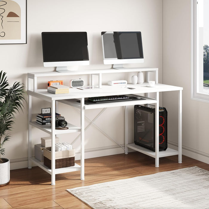 48 Inch Computer Desk, Home Office White with Keyboard Tray, Gaming with Full Monitor Stand, Storage Shelves & CPU Stand, Modern Study Writing Table Studio Work with Shelf