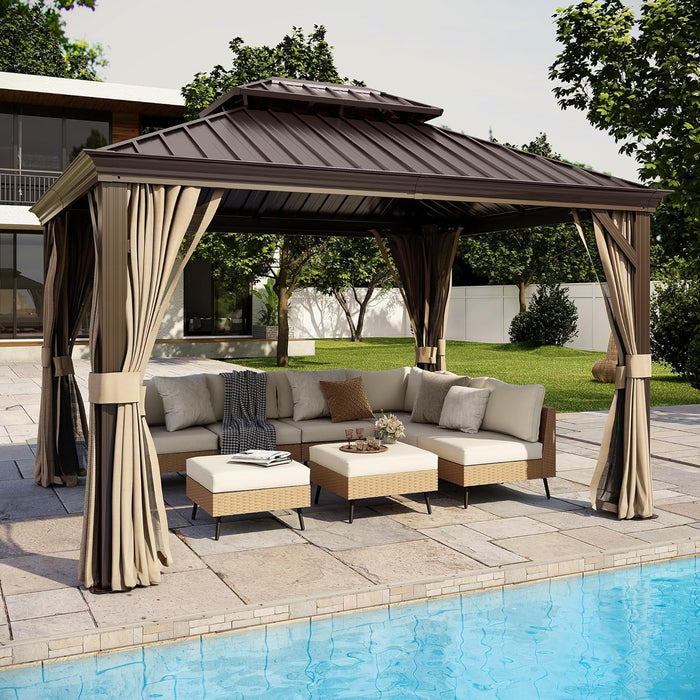 10'X12' Hardtop Gazebo with Nettings and Curtains, Waterproof Permanent Heavy Duty Double Hard Roofs Gazebos with Brown Aluminum Frame for Lawn, Party
