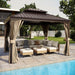 10'X12' Hardtop Gazebo with Nettings and Curtains, Waterproof Permanent Heavy Duty Double Hard Roofs Gazebos with Brown Aluminum Frame for Lawn, Party