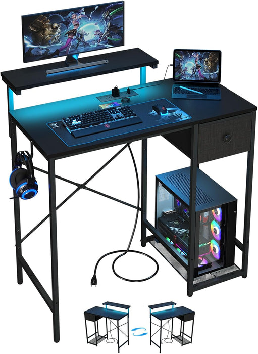 33.5" Small Gaming Desk with LED Lights & Power Outlets, Compact Computer Desk with Monitor Stand & CPU Stand, Gamer Table with Storage Drawer, Side Hooks for Home Office, Bedroom, Black