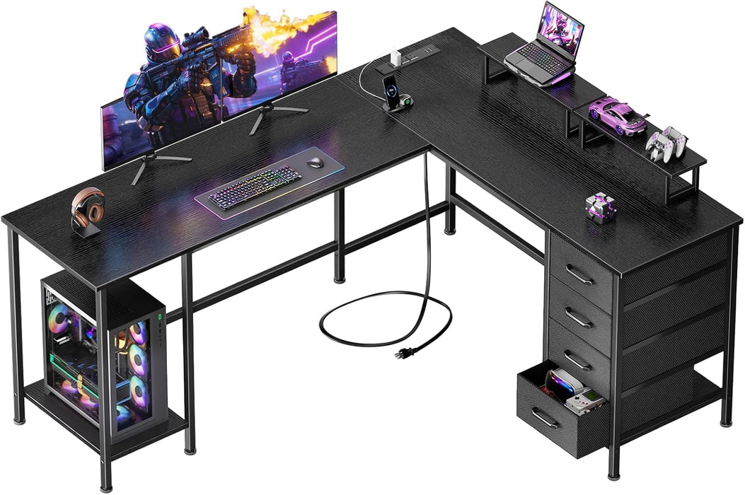 59 Inch L Shaped Computer Desk with Power Outlets, Home Office Desk with 4 Adjustable Storage Drawers & 2 Monitor Stands, Two Person Gaming Table for Bedroom, Black