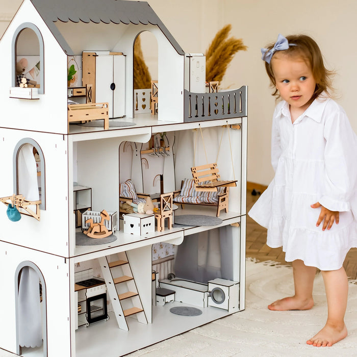 Handcrafted White Dollhouse with Swing and Balcony - Personalizable Playhouse for Endless Imagination