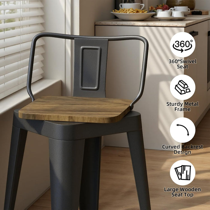 Swivel Bar Stools Set of 4, 24" Counter Height Barstools with Low Back, Industrial Metal Bar Stools with Large Wooden Seat for Kitchen Island (Matte-Black)