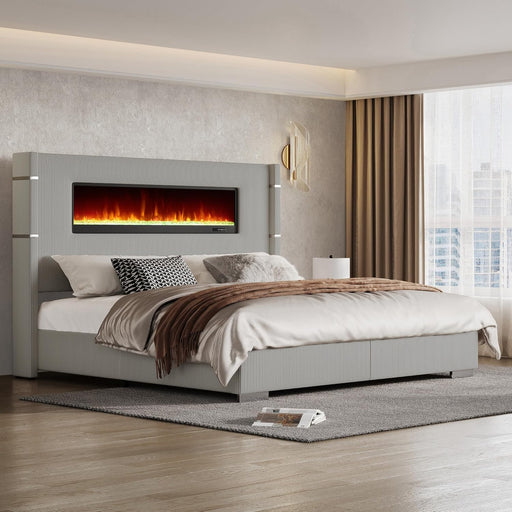 Modern California King Size Bed Frame with Fireplace, Corduroy Upholstered Bed Frame with 60.4“ Extra Tall Headboard, Wingback Platform Bed Frame Wooden Slats/No Box Spring Needed, Greige