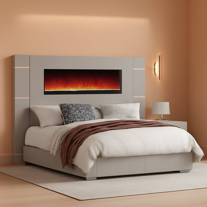 Modern California King Size Bed Frame with Fireplace, Corduroy Upholstered Bed Frame with 60.4“ Extra Tall Headboard, Wingback Platform Bed Frame Wooden Slats/No Box Spring Needed, Greige