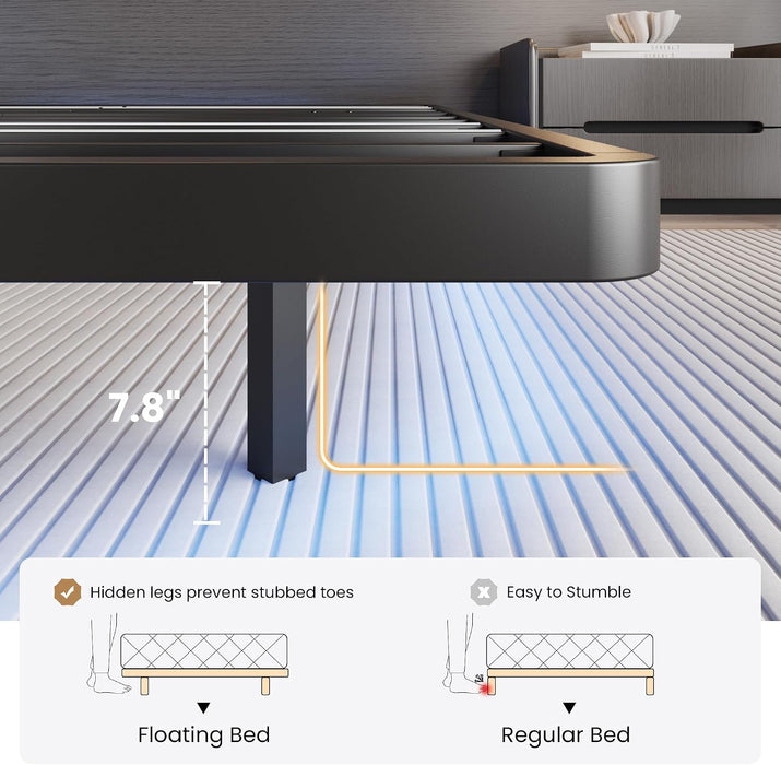 Full Size Floating Bed Frame with Smart LED Lights, Black