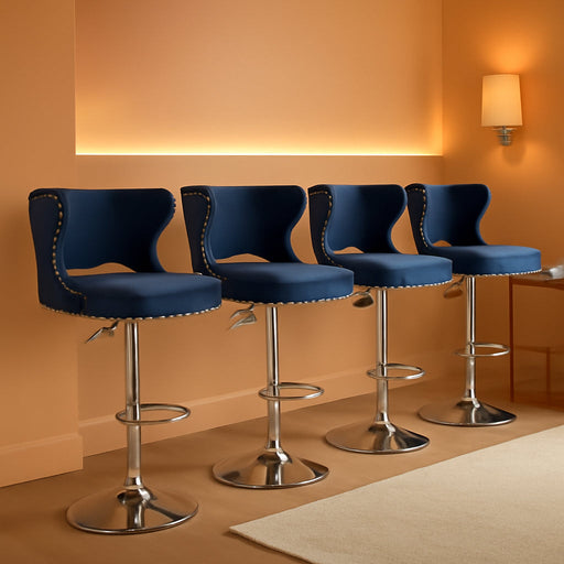 Bar Stools Set of 4, Velvet Swivel Adjustable Barstools with Hollow Back, Rivet Trim and Stable Chrome Base, Upholstered Counter Height Bar Stools for Kitchen Island, Blue