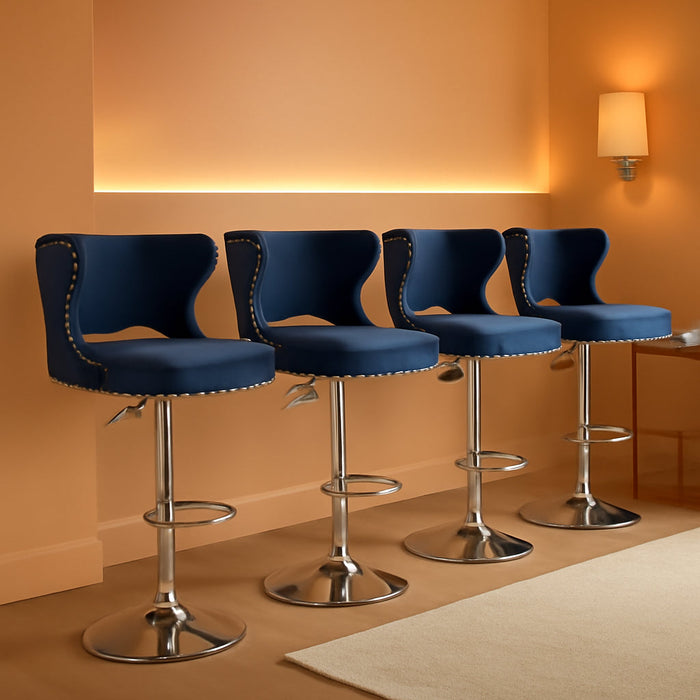 Bar Stools Set of 4, Velvet Swivel Adjustable Barstools with Hollow Back, Rivet Trim and Stable Chrome Base, Upholstered Counter Height Bar Stools for Kitchen Island, Blue