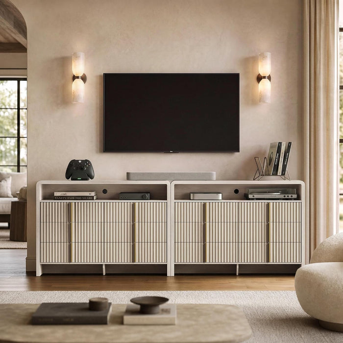 53.2" Fluted 6 Drawer Dresser with Open Shelf, Grey