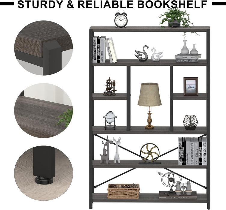 6 Tier Industrial Bookshelf for Bedroom Living Room Office, Dark Grey