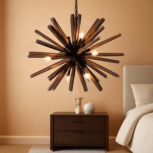9-Light Sputnik Pendant Light Black, Farmhouse Wood Chandelier for Dining Room Industrial Hanging Light Fixture Ceiling for Bedroom Entryway Kitchen Foyer Living Room