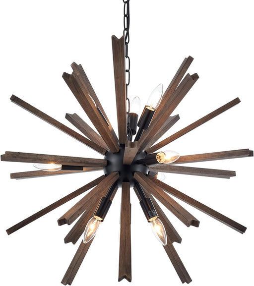 9-Light Sputnik Pendant Light Black, Farmhouse Wood Chandelier for Dining Room Industrial Hanging Light Fixture Ceiling for Bedroom Entryway Kitchen Foyer Living Room