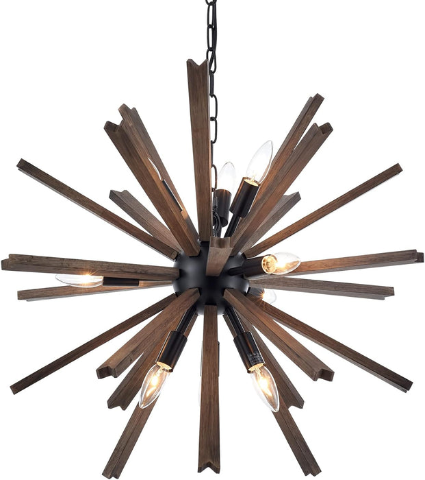 9-Light Sputnik Pendant Light Black, Farmhouse Wood Chandelier for Dining Room Industrial Hanging Light Fixture Ceiling for Bedroom Entryway Kitchen Foyer Living Room