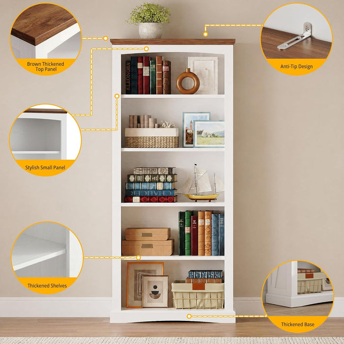 Farmhouse Bookcase 70 Inches Tall White TwoToneFinish