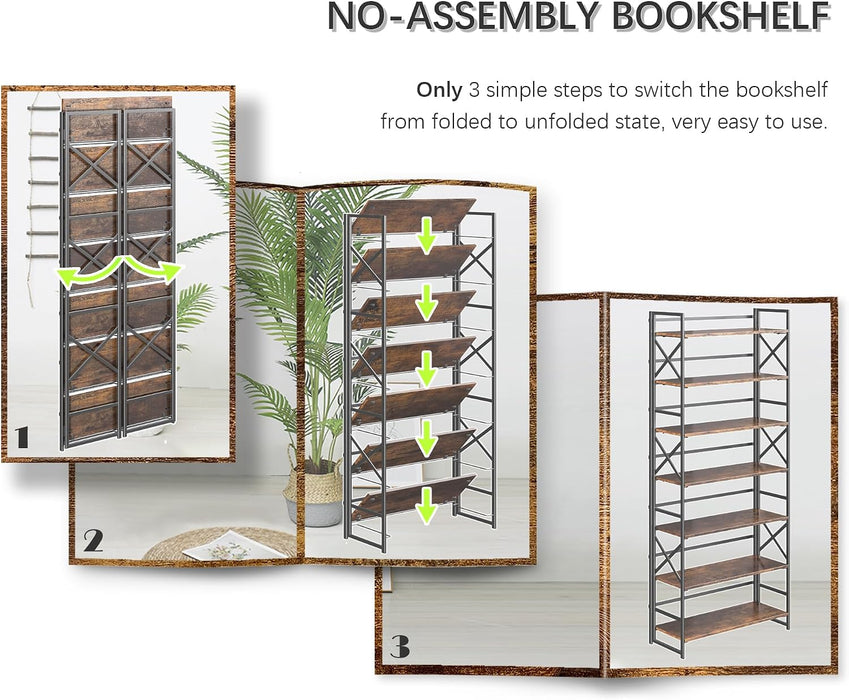7 Tiers No Assembly Book Shelves, 72.4" H Folding Bookshelf Bookcase Open Industrial Foldable Shelves for Bedroom, Living Room, Home Office - Rustic Brown Black