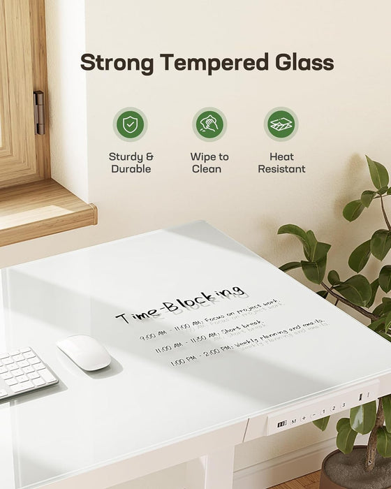 Glass Standing Desk with Drawer, 48 X 24 Inch Electric Standing Desk, Height Adjustable Desk with One-Piece Tabletop & USB Charging Ports, Sit Stand Desk with Storage for Home & Office White