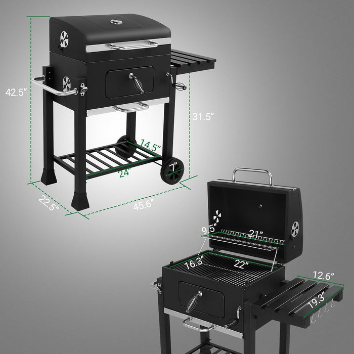 Charcoal Grill Outdoor BBQ Smoker with Height-Adjustable Charcoal Pan Crank Handle, Large Barrel Barbecue Grill with Front Access Door, Foldable Side Table & Removable Ash Tray for Backyard Garden