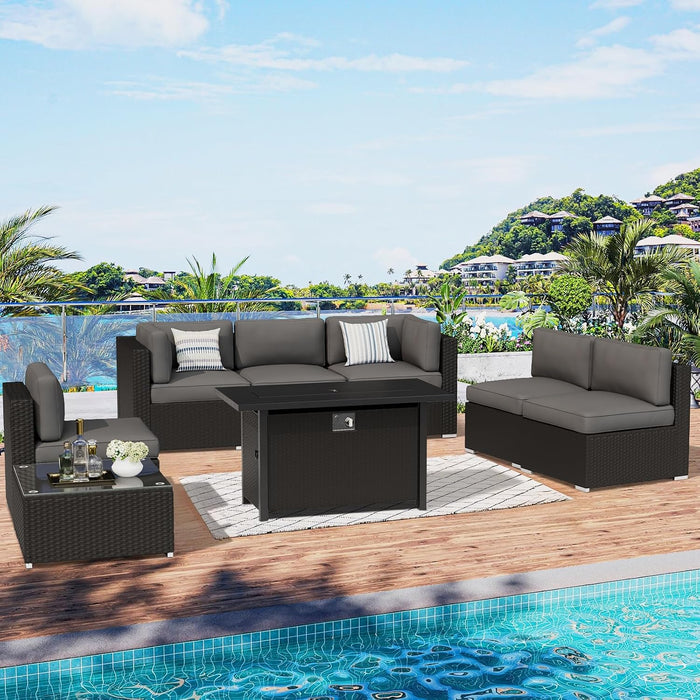 8-Piece Outdoor Patio Furniture Sofa Set All-Weather Wicker Sectional Conversation Set with Modern Glass Coffee Table, Cushions and Fire Pit Table, Dark Grey