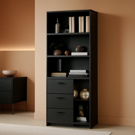 6-Tier Bookshelf with Door and 3 Drawers, 71" Tall Bookcase with 3-Tier Open Shelves, Wooden Book Shelf with Storage Cabinet for Home Office, Living Room, Bedroom, White (Black Bookcase) | with 3-Tier Open Shelves, Wooden Book Shelf with Storage Cabinet for Home Office, Living Room, Bedroom, Black