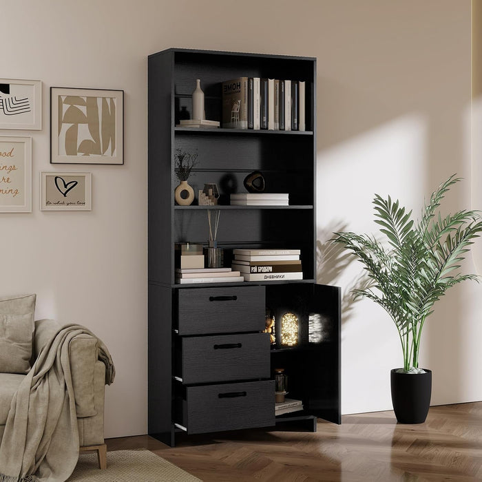 6-Tier Bookshelf with Door and 3 Drawers, 71" Tall Bookcase with 3-Tier Open Shelves, Wooden Book Shelf with Storage Cabinet for Home Office, Living Room, Bedroom, White (Black Bookcase) | with 3-Tier Open Shelves, Wooden Book Shelf with Storage Cabinet for Home Office, Living Room, Bedroom, Black