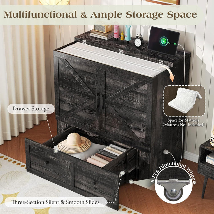 Twin Murphy Bed with Built-In Charging Station and Storage Drawer, Farmhouse Foldable Cabinet Bed for Guest Room, Apartment or Home Office, Black Oak