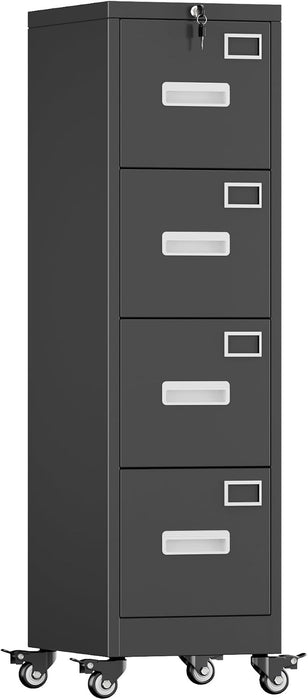 4 Drawer Metal File Cabinet with Lock, Mobile Heavy Duty Steel Filing Cabinet with Full Extension Rails, for Office Workspaces, Letter Legal Size, Black, Assembly Required