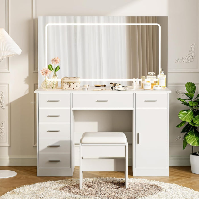 Vanity with Chair and Mirror and 7 Drawers Storage, White Makeup Vanity Desk with Lights, Vanitys Set with 3 Light Mode and Brightness Adjusted, Make up Table with Hairdryer Holder for Bedroom