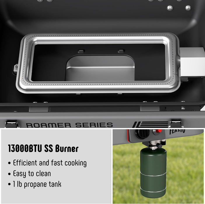 Portable Propane Gas Grill with Folding Cart & 13000 Btus Burner, 360 Sq. In. Cast Iron Cooking Grates, Side Table, 8" Wheels, Stainless Grease Tray for Outdoor BBQ, Camping & Tailgating, Grey