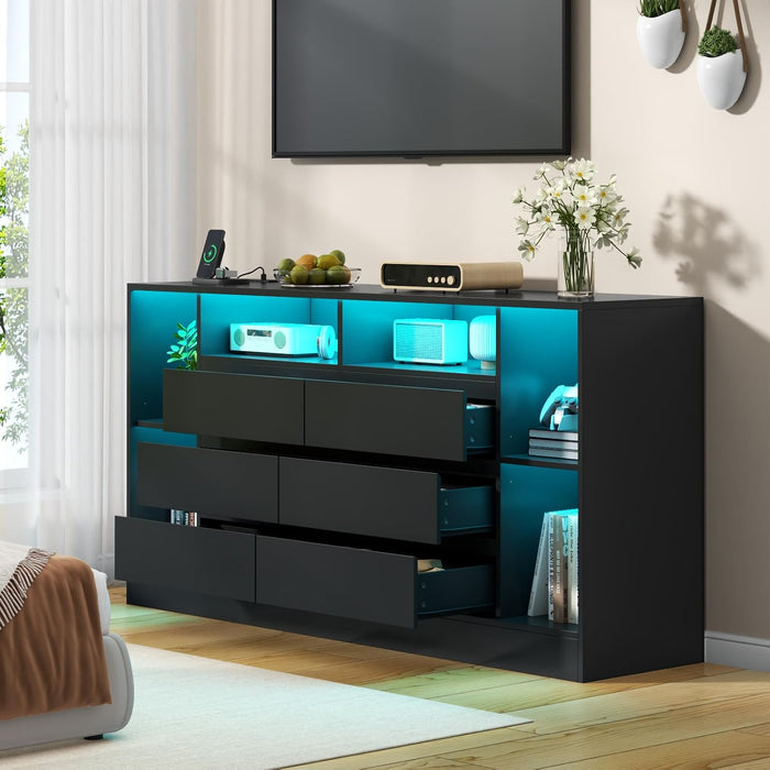 6 Drawers Dresser with 6 Open Storage Cubbies, LED Dressers & Chests of Drawers with Power Outlet, 55" Wide Long Dresser for Bedroom, Modern TV Stand with Open Shelf (Black)