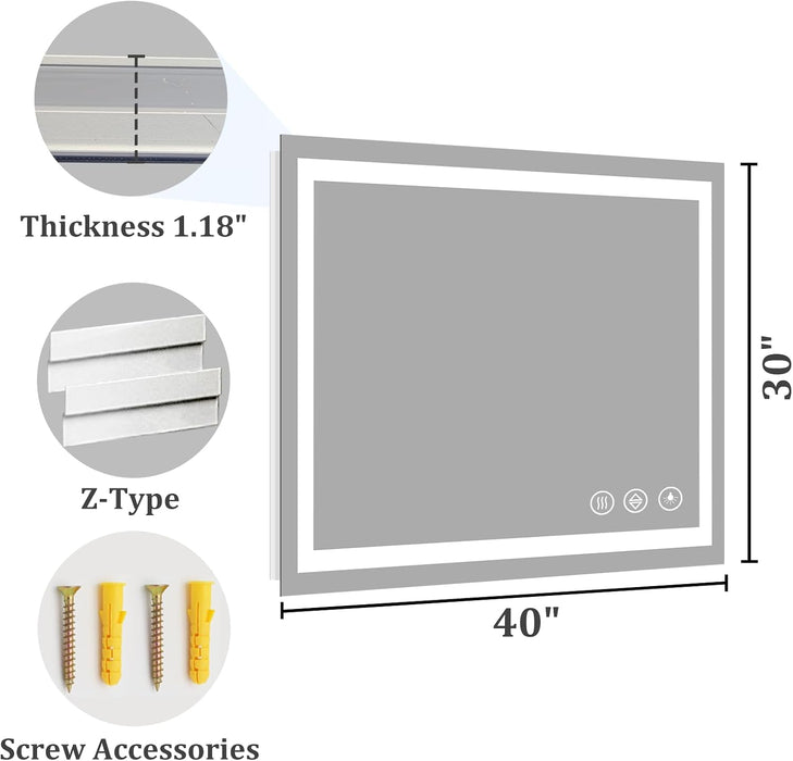 40X30 LED Bathroom Mirror, Shatterproof Mirror with Light