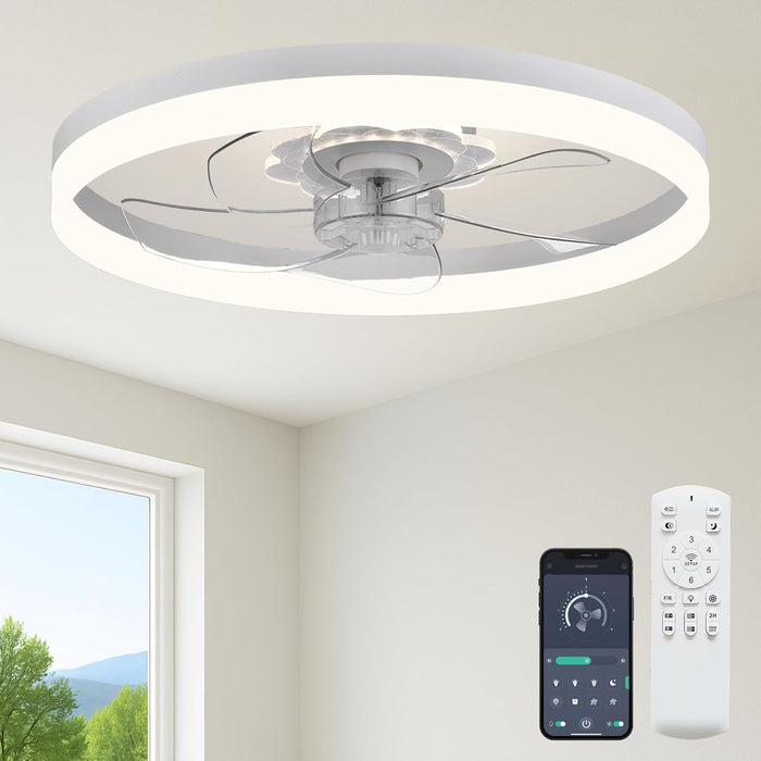 24'' Ceiling Fan with Light, Upgraded Low Profile Ceiling Fan with Light, Dimmable Flush Mount Ceiling Fan with Light, Fan Light, 6 Speeds, App & Remote Control, Quiet Fan for Bedroom, Kitchen