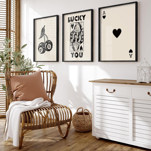 Framed Set of 3 Poker Wall Art Lucky You Poster, Trendy Retro Print Wall Decor for Queen of Hearts Wall Art Rustic Vintage Farmhouse Home Wall Decor（Black 12"X16"）