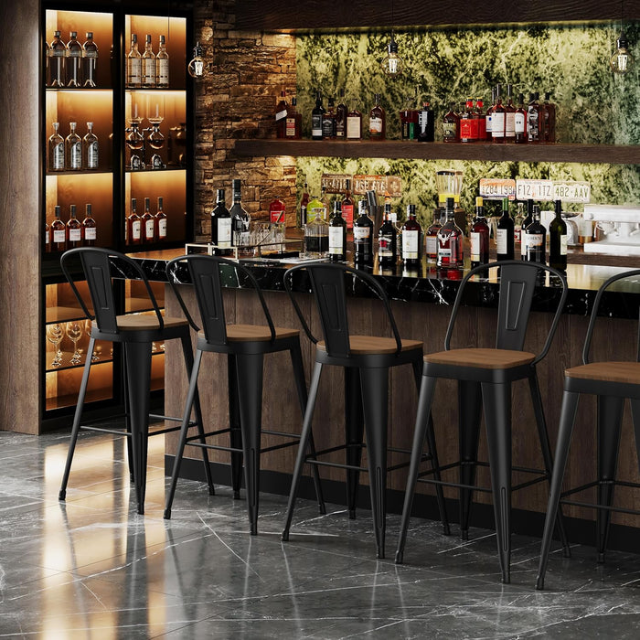 Metal Bar Stools Set of 4, 30" Bar Height with High Backs, Black | Matte Black Metal Frame Barstools, Modern Farmhouse High-Back Bar Chairs, Larger Seat for Kitchen and Dining Islands