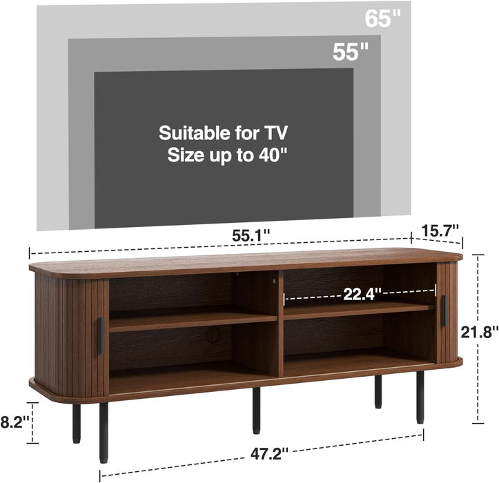 55" Mid Century Modern Fluted TV Stand for Tvs up to 65 Inch, Gaming Entertainment Center with Tambour Slatted Sliding Doors, Media TV Consoles Table for Living Room, Walnut